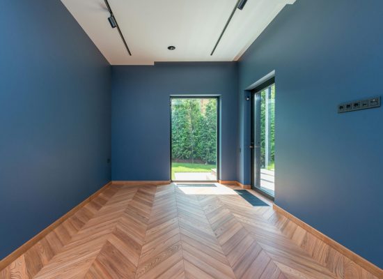 Spacious room featuring blue walls, wooden herringbone floor, and glass doors leading to a garden.